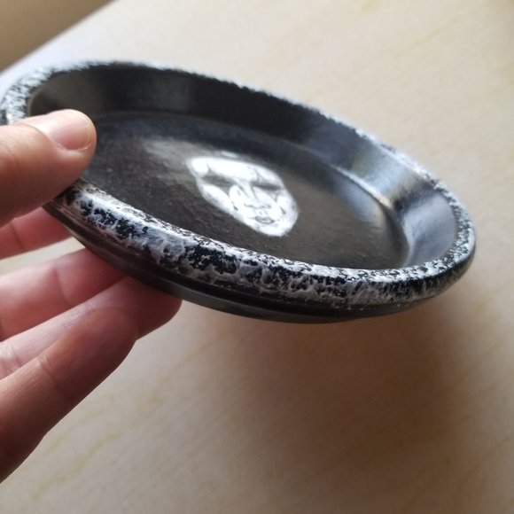 Black Painted White Speckled Trim, Decoupaged Theater Mask 6 Inch Trinket Tray - Picture 3 of 5